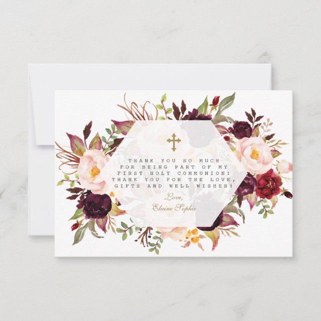 Burgundy Floral Gold Geometric Holy Communion Thank You Card (Front)