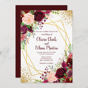 Burgundy Floral Gold Geometric Invitation