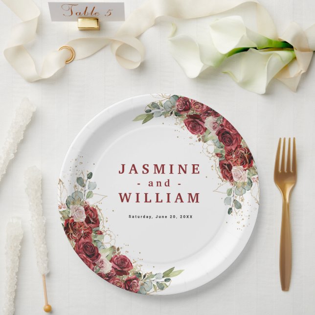  Burgundy Floral Gold Geometric Wedding Paper Plate (Wedding)