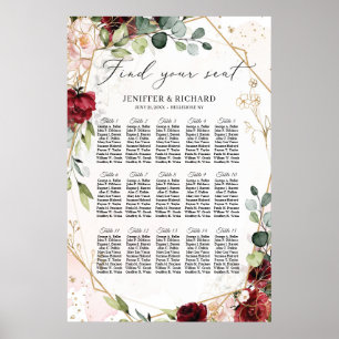 Burgundy floral gold geometric wedding seating poster