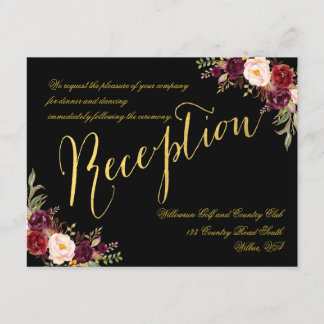 Burgundy Floral Gold Glam Black Wedding Reception Enclosure Card