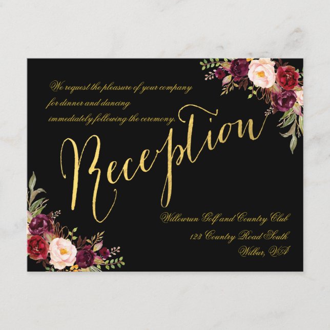 Burgundy Floral Gold Glam Black Wedding Reception Enclosure Card (Front)