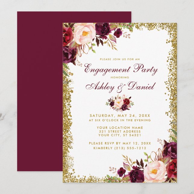Burgundy Floral Gold Glitter Engagement Invite (Front/Back)