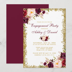 Burgundy Floral Gold Glitter Engagement Invite