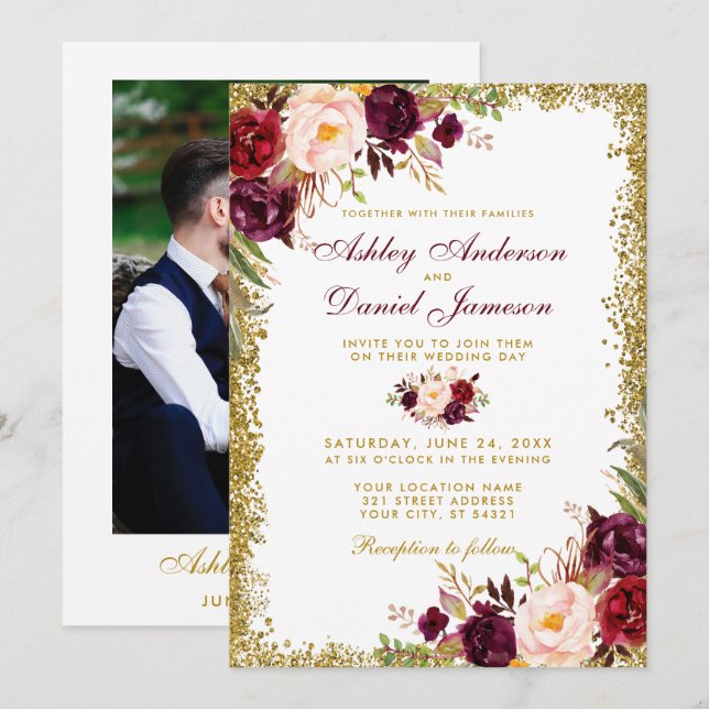 Burgundy Floral Gold Glitter Photo Wedding Invitation (Front/Back)