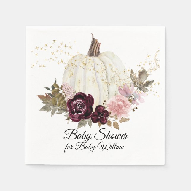 Burgundy Floral Gold Glitter Pumpkin Baby Shower Napkin (Front)