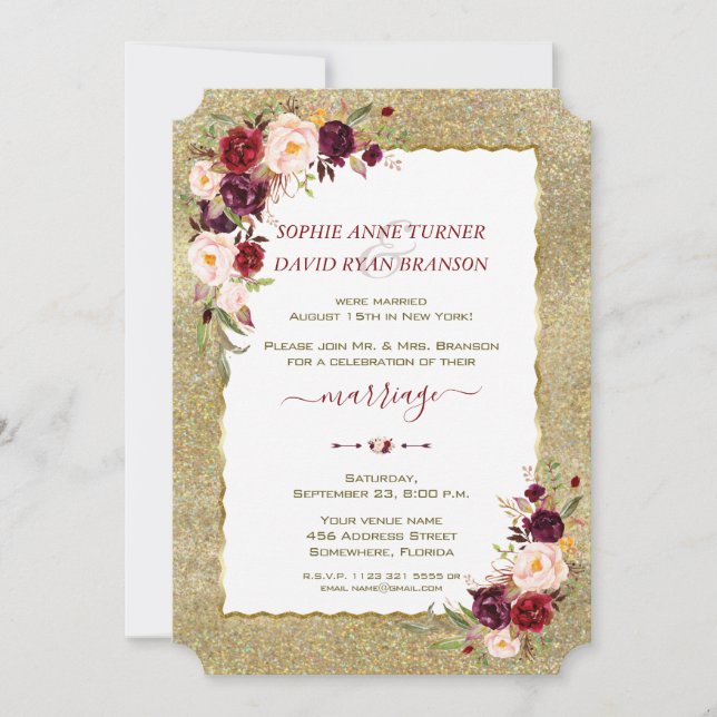 Burgundy Floral Gold Glitter Wedding Evening Invitation (Front)