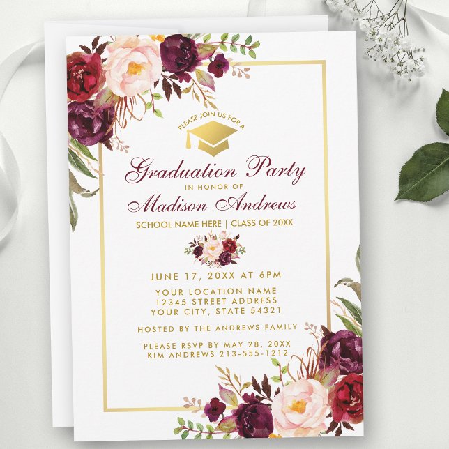 Burgundy Floral Gold Graduation Party Invitation G (Customize to change text size, text color or text style.)