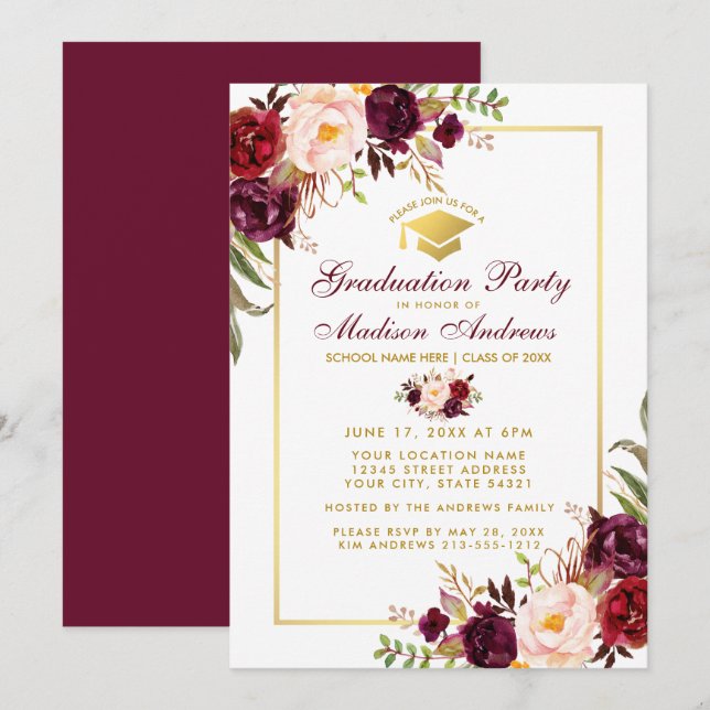 Burgundy Floral Gold Graduation Party Invite BG (Front/Back)
