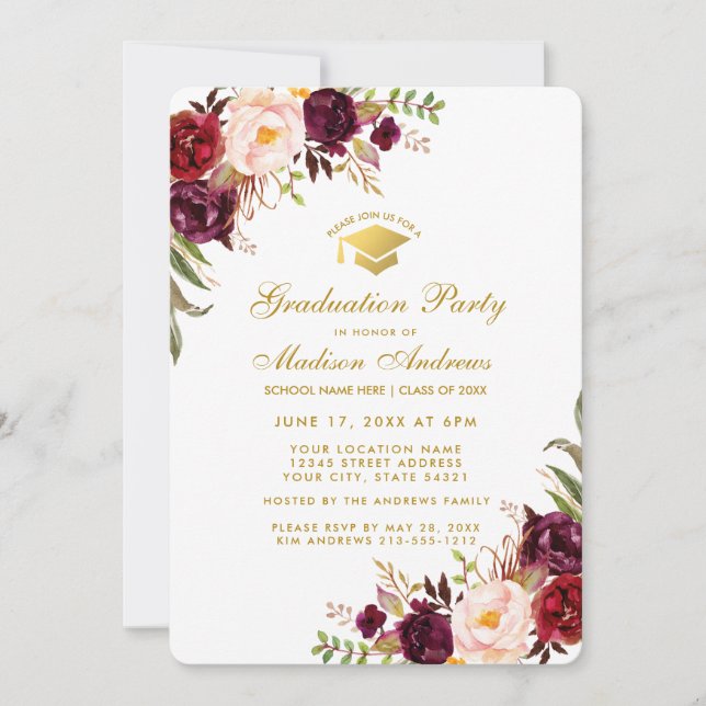Burgundy Floral Gold Graduation Party Invite R (Front)