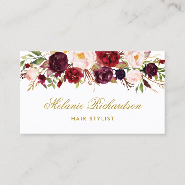Burgundy Floral Gold Hair Stylist Appointment Card (Front)