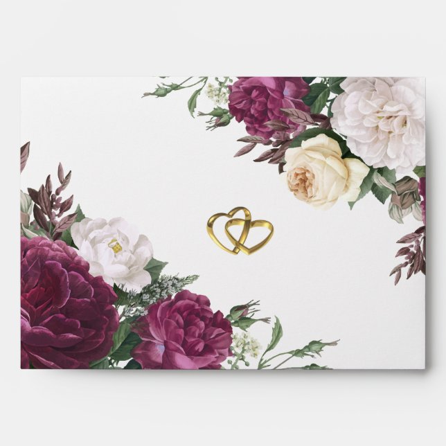 Burgundy Floral Gold Hearts Wedding Envelope (Front)