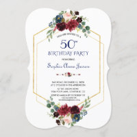 Burgundy Floral Gold Hexagon Frame 50th Birthday