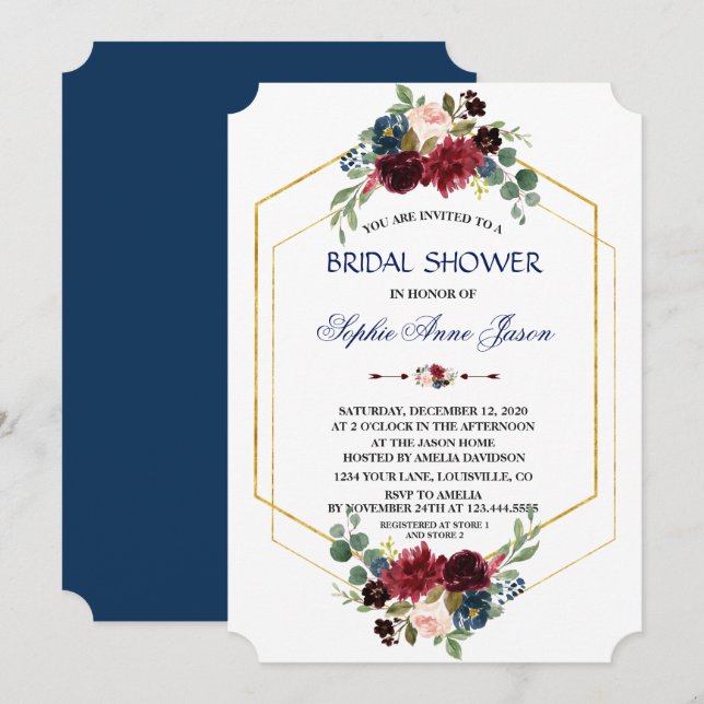 Burgundy Floral Gold Hexagon Frame Bridal Shower Invitation (Front/Back)