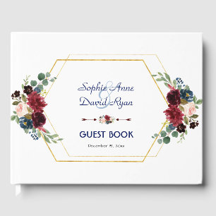Burgundy Floral Gold Hexagon Frame Wedding Guest Book