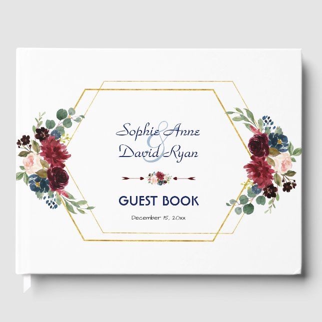 Burgundy Floral Gold Hexagon Frame Wedding Guest Book (Front)