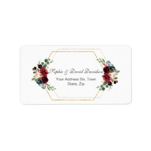 Burgundy Floral Gold Hexagon Frame Wedding Label
