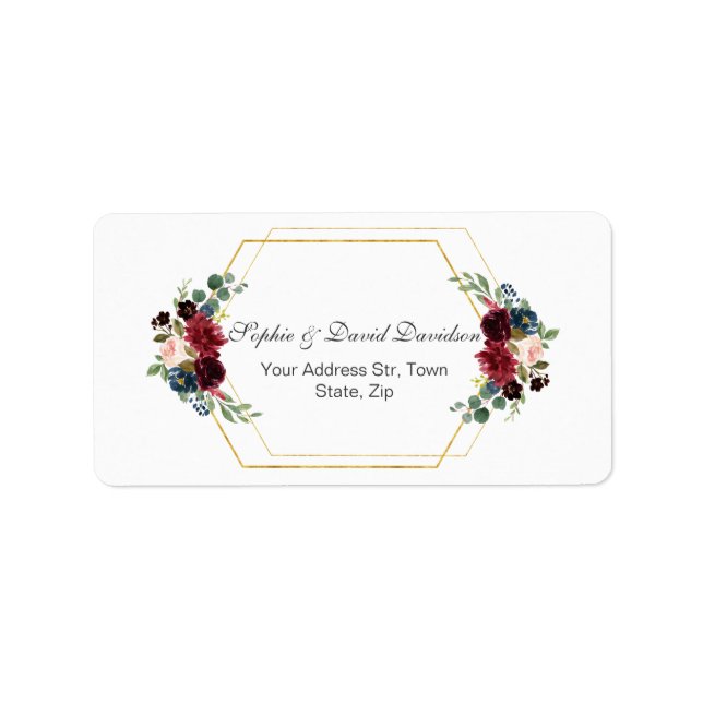 Burgundy Floral Gold Hexagon Frame Wedding Label (Front)