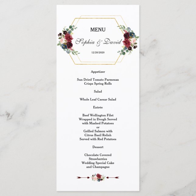 Burgundy Floral Gold Hexagon Frame Wedding Menu (Front)