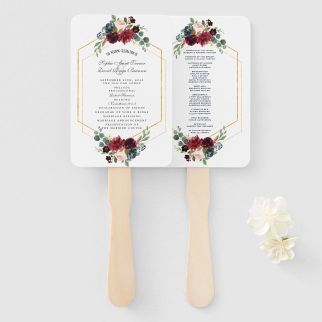 Burgundy Floral Gold Hexagon Frame Wedding Program Hand Fan (Front and Back)
