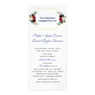 Burgundy Floral Gold Hexagon Frame Wedding Program Rack Card