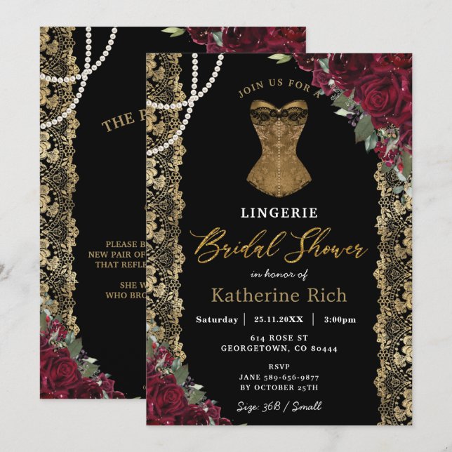 Burgundy Floral Gold Lace Lingerie Bridal Shower Invitation (Front/Back)