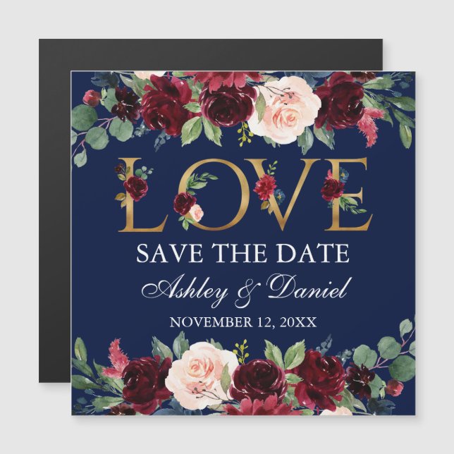 Burgundy Floral Gold Love Magnetic Save The Date (Front/Back)