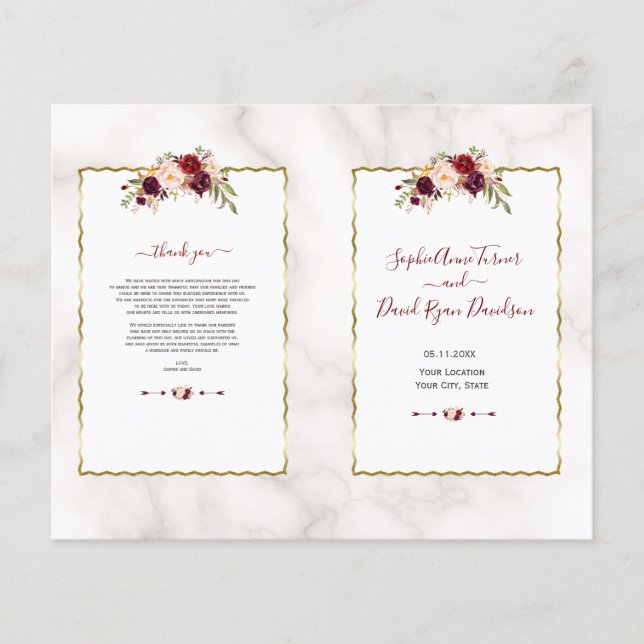 Burgundy Floral Gold Marble Calligraphy Program (Front)