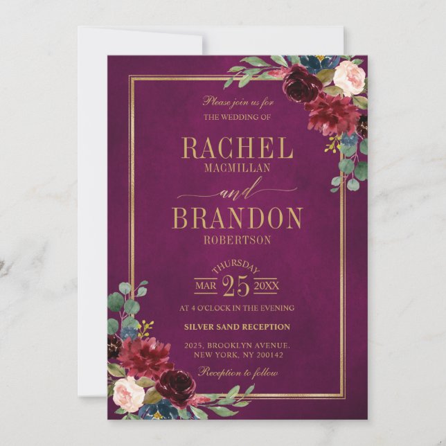 Burgundy Floral Gold Marsala Pink Rustic Wedding I Invitation (Front)