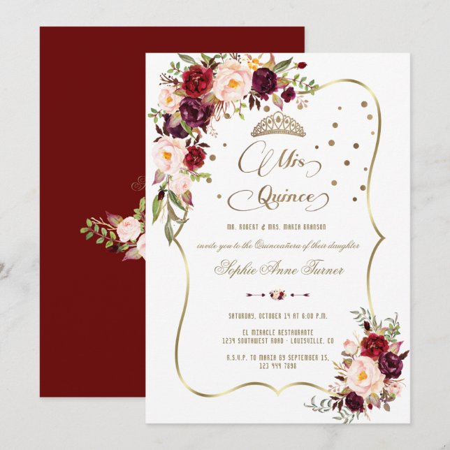 Burgundy Floral Gold Mis Quince Script Quinceañera Invitation (Front/Back)