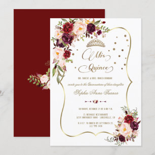 Burgundy Floral Gold Mis Quince Script Quinceañera Invitation