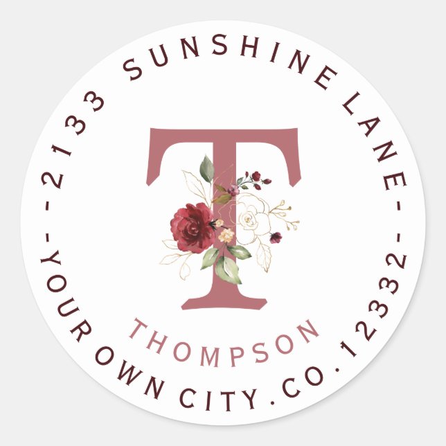 Burgundy Floral Gold Monogram Circular Address Classic Round Sticker (Front)