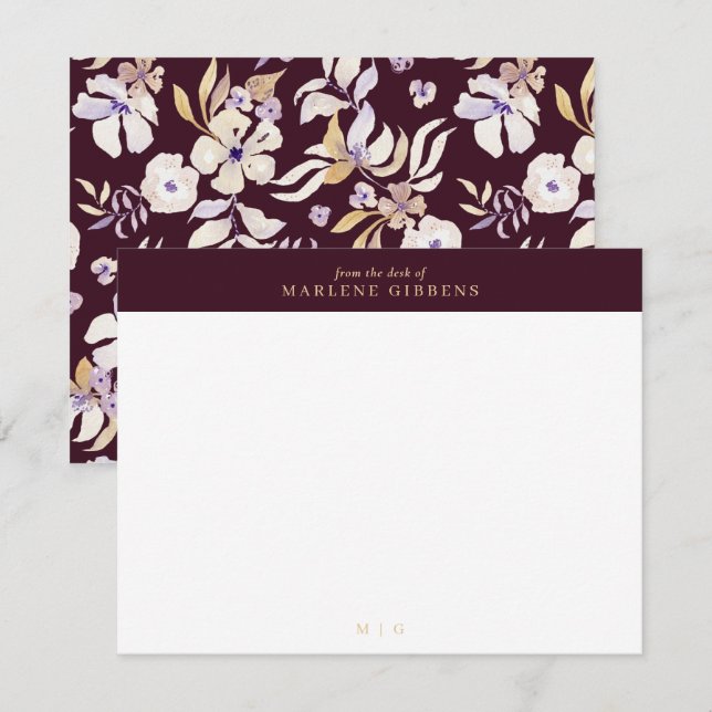 Burgundy floral gold monogram note card (Front/Back)