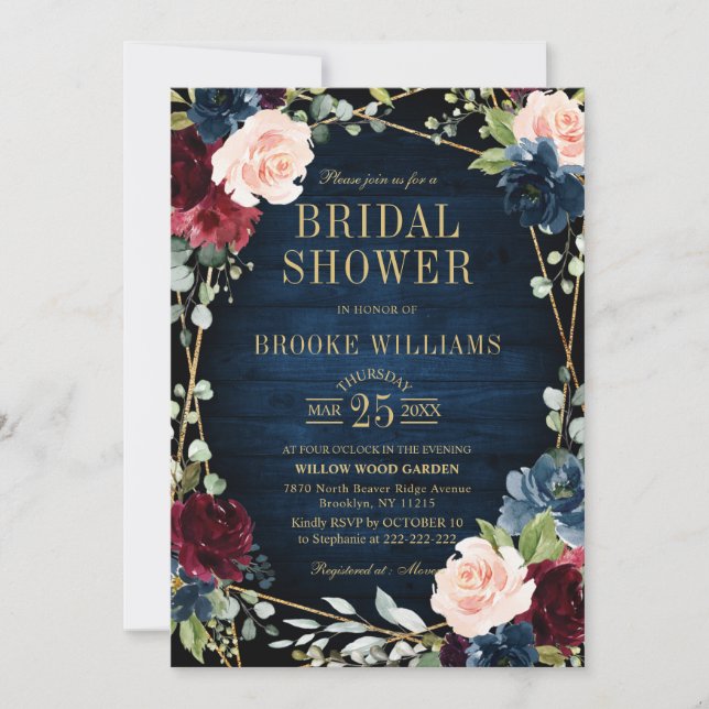 Burgundy Floral Gold Navy Blue Bridal Shower Invitation (Front)