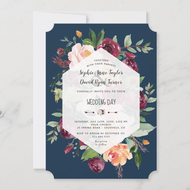 Burgundy Floral Gold Navy Blue Geometric Wedding Invitation (Front)