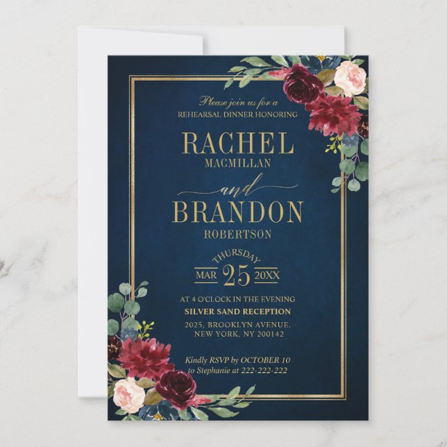 Burgundy Floral Gold Navy Blue Rehearsal Dinner Invitation (Front)