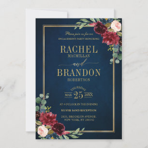 Burgundy Floral Gold Navy Blue Rustic Engagement Invitation