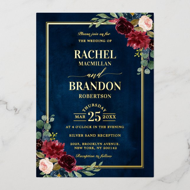 Burgundy Floral Gold Navy Blue Rustic Wedding (Front)