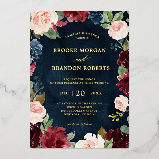 Burgundy Floral Gold Navy Blue Rustic Wedding Foil (Front)