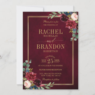 Burgundy Floral Gold Navy Blue Rustic Wedding Invi Invitation