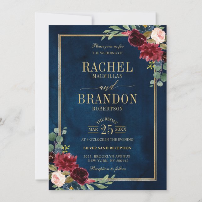 Burgundy Floral Gold Navy Blue Rustic Wedding Invitation (Front)