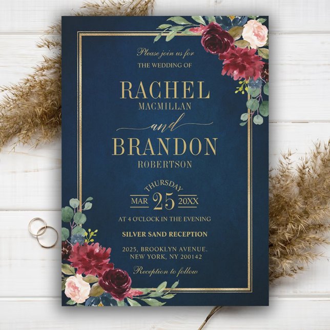 Burgundy Floral Gold Navy Blue Rustic Wedding Invitation (Creator Uploaded)