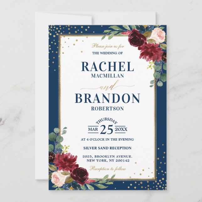 Burgundy Floral Gold Navy Blue Rustic Wedding Invitation (Front)