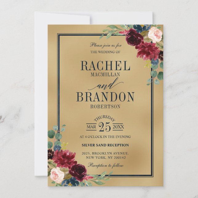 Burgundy Floral Gold Navy Blue Rustic Wedding Invitation (Front)
