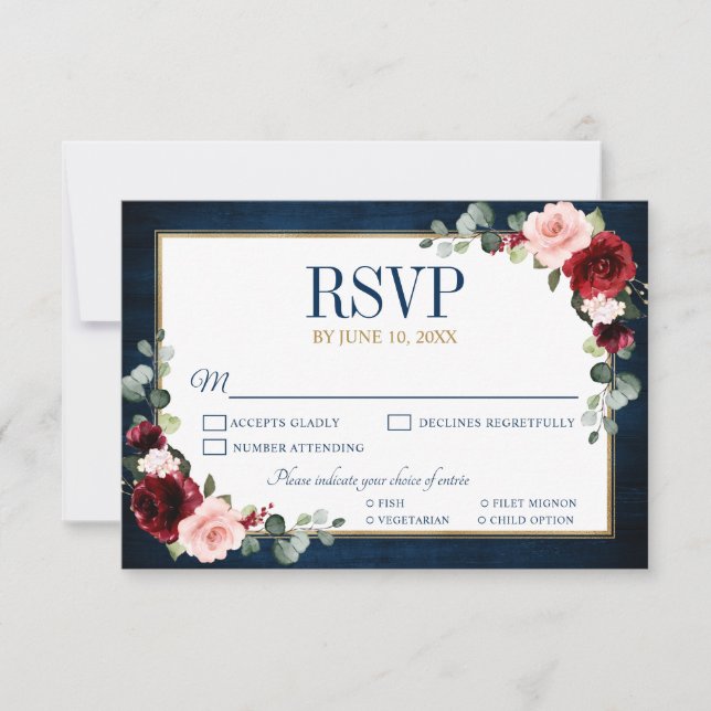 Burgundy Floral Gold Navy Blue Rustic Wedding RSVP (Front)