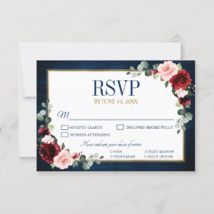Burgundy Floral Gold Navy Blue Rustic Wedding RSVP Card