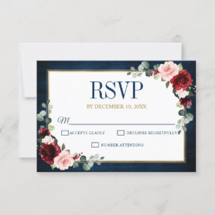 Burgundy Floral Gold Navy Blue Rustic Wedding RSVP Card
