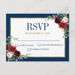 Burgundy Floral Gold Navy Blue Rustic Wedding RSVP Postcard