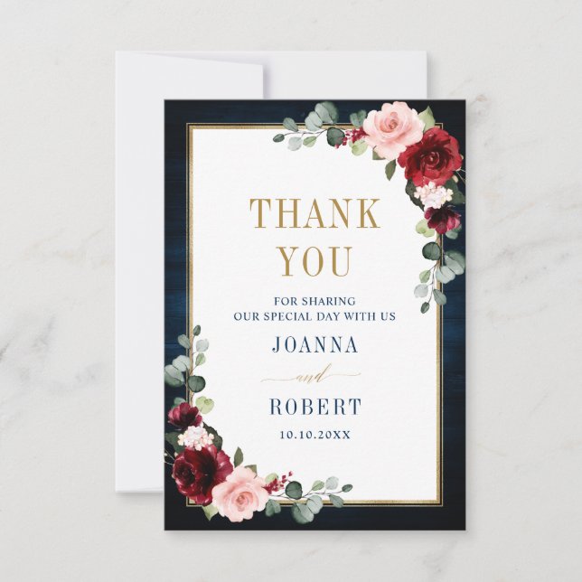 Burgundy Floral Gold Navy Blue Rustic Wedding Than Thank You Card (Front)