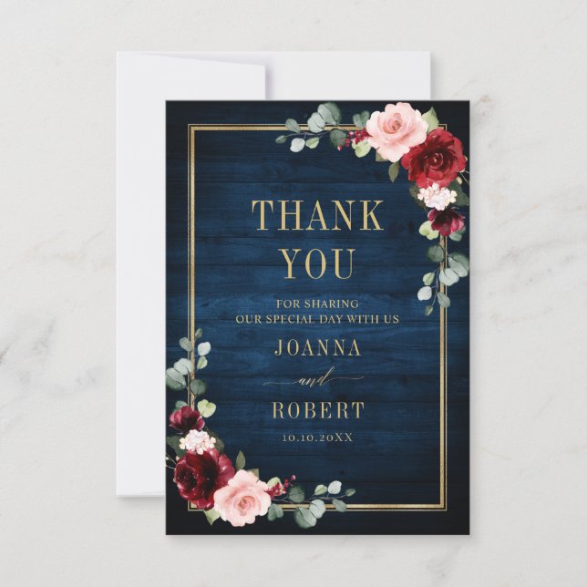 Burgundy Floral Gold Navy Blue Rustic Wedding Than Thank You Card (Front)